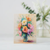 花かわいらし花花束アートカラーペンシルスケッチ ポストカード (スタンド正面)