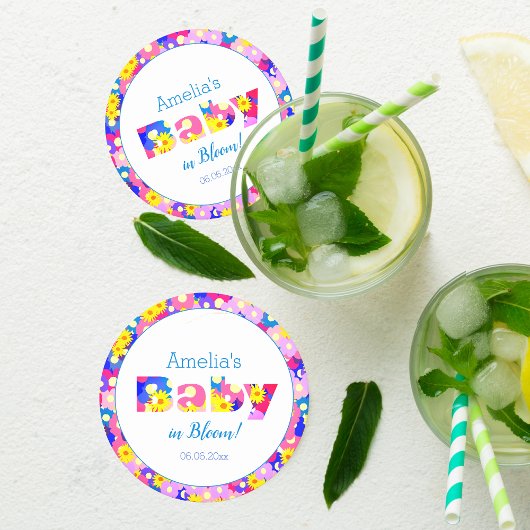 花かわいらし赤ちゃんシャワーブルーパーソナライズされた ラウンドペーパーコースター