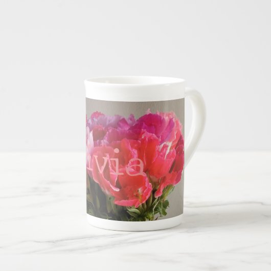 花かわいらし2月の写真+名前をカスタムする ボーンチャイナマグカップ (正面右)