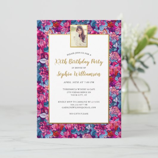 花かわいらし、任意の年齢、写真の追加、誕生日パーティー 招待状 (スタンド正面)