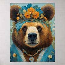 花がヒッピーで飾られる王冠の愛らしいクマ