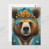 花がヒッピーで飾られる王冠の愛らしいクマ ポストカード (正面/裏面)