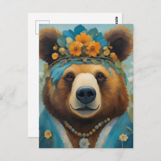花がヒッピーで飾られる王冠の愛らしいクマ ポストカード (正面/裏面)
