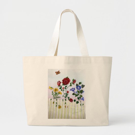 花がピケットフェンスの水の色'絵を描s ラージトートバッグ (正面)
