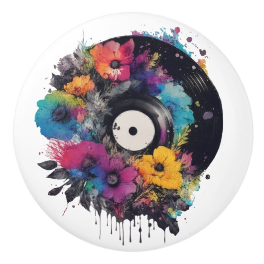 花が付いたビニールカラフルレコード セラミックノブ (正面)