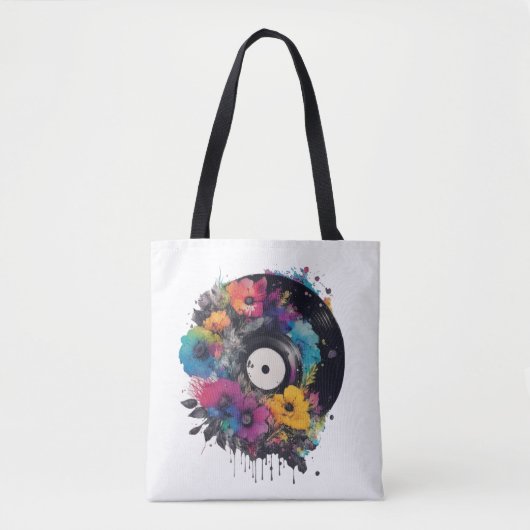 花が付いたビニールカラフルレコード トートバッグ (正面)