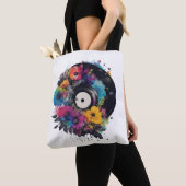 花が付いたビニールカラフルレコード トートバッグ (クローズアップ)