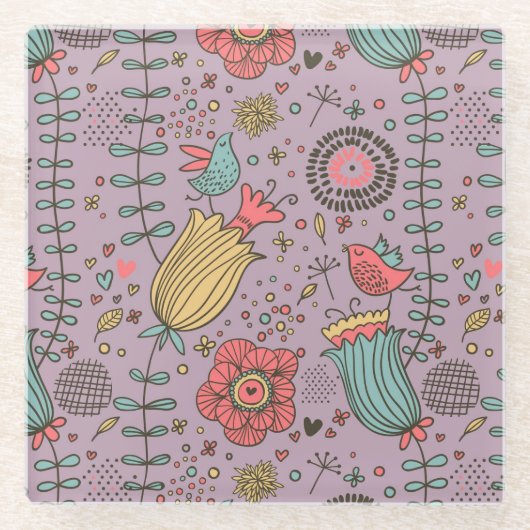 花が付いているスタイリッシュな花パターン ガラスコースター (正面)