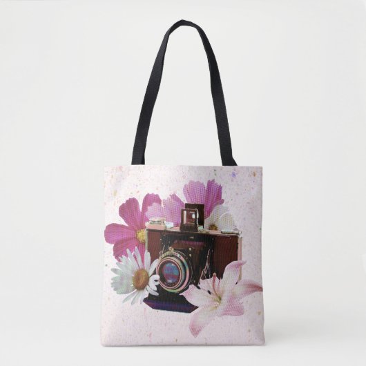 花が付いているヴィンテージのカメラ トートバッグ (正面)