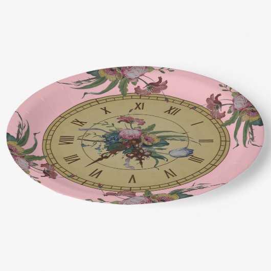 花が付いているヴィンテージの時計 ペーパープレート (アングル)