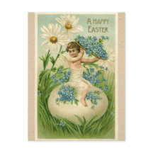 花が付いている卵に坐るヴィンテージのイースター天使