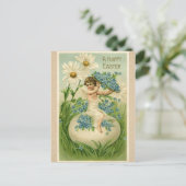 花が付いている卵に坐るヴィンテージのイースター天使 シーズンポストカード (スタンド正面)