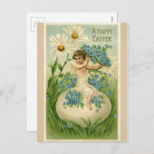花が付いている卵に坐るヴィンテージのイースター天使 シーズンポストカード (正面/裏面)