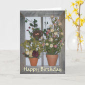 花が付いている木の窓-誕生日の挨拶 カード (黄色い花)