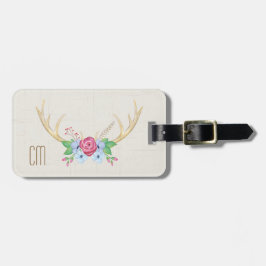 花が付いている素朴な水彩画のシカの(雄ジカの)枝角 ラゲッジタグ