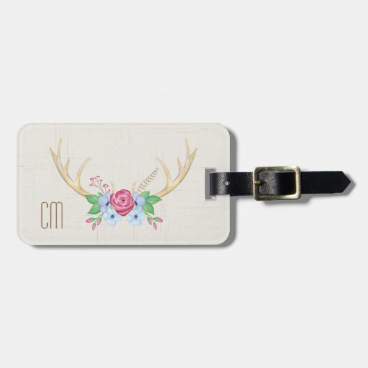 花が付いている素朴な水彩画のシカの(雄ジカの)枝角 ラゲッジタグ (正面横)