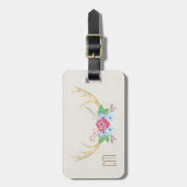 花が付いている素朴な水彩画のシカの(雄ジカの)枝角 ラゲッジタグ (正面縦)