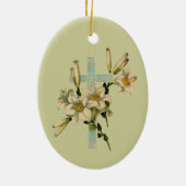 花が付いている紫色の十字 セラミックオーナメント (裏面)