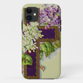 花が付いている紫色の十字 iPhone 11 ケース