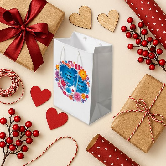 花が付いている青いハート ミディアムペーパーバッグ