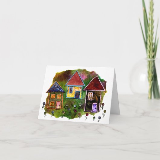花が付いている3軒の家のコラージュ カード (正面)