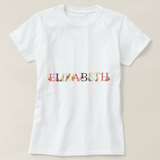 花が刺繍されたエリザベスネームアート Tシャツ (デザイン正面)