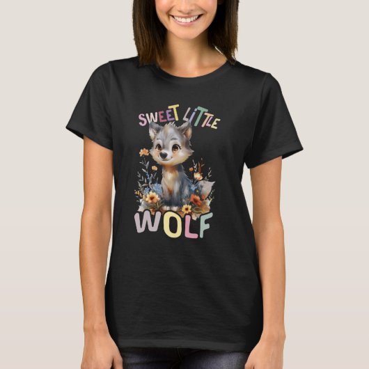 花が可愛いオオカミ動物の甘い小さな狼 Tシャツ (正面)