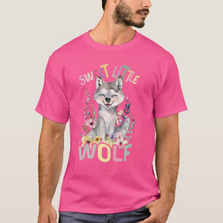花が可愛いオオカミ動物の甘い小さな狼 Tシャツ