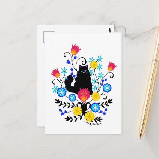 花が咲き乱れた黒猫 ポストカード (正面/裏面インサイチュ)