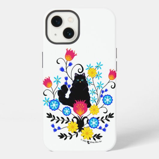 花が咲き乱れた黒猫 iPhoneケース (裏面)