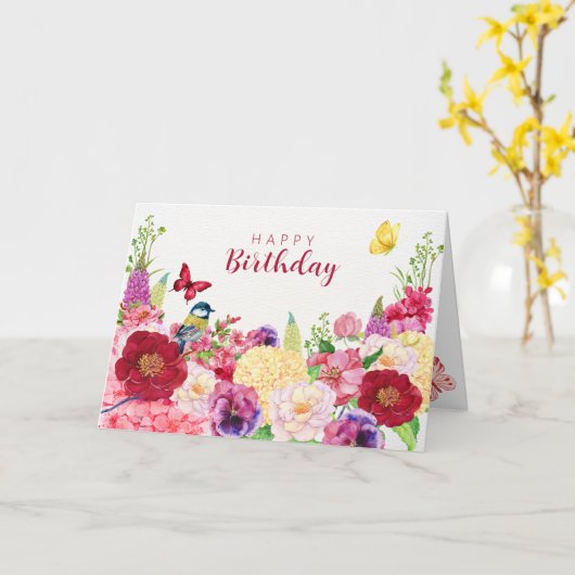 花が咲き 鳥と蝶 カード (黄色い花)