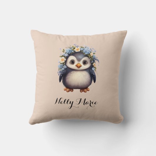 花が咲くかわいいペンギンの名前&モノグラムベージュ クッション (裏面)