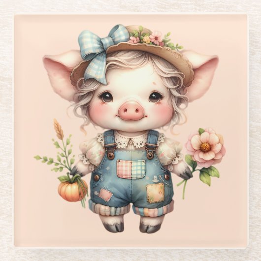 花が咲くオーバーオールかわいいファームコアピグ ガラスコースター (正面)