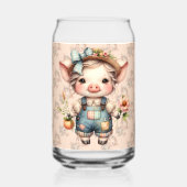 花が咲くオーバーオールかわいいファームコアピグ ガラス缶 (正面)