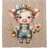 花が咲くオーバーオールかわいいファームコアピグ シャワーカーテン (正面)