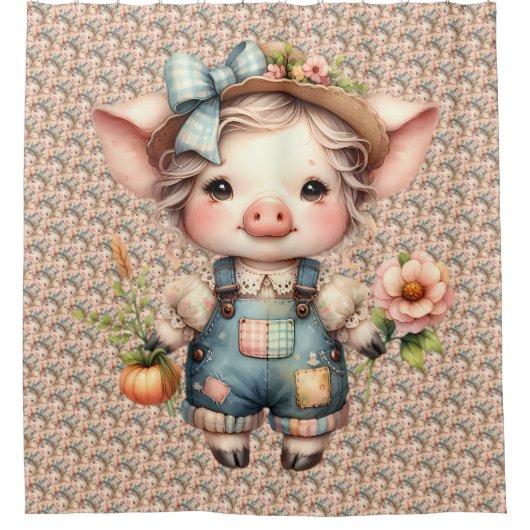 花が咲くオーバーオールかわいいファームコアピグ シャワーカーテン (正面)