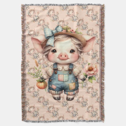 花が咲くオーバーオールかわいいファームコアピグ スローブランケット (正面縦)