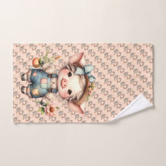 花が咲くオーバーオールかわいいファームコアピグ バスタオルセット (ハンドタオル)