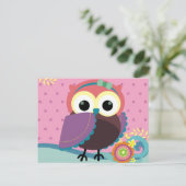 花が咲くゴージャスなフォークアートフクロウ ポストカード (スタンド正面)