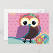 花が咲くゴージャスなフォークアートフクロウ ポストカード (正面/裏面)