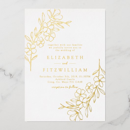 花が咲くシンプル金箔さくらんぼ結婚 箔招待状 (正面)