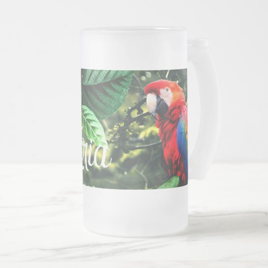 花が咲くジャングルのオウム緋色のマカオ フロストグラスビールジョッキ (正面右)