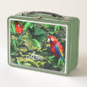 花が咲くジャングルのオウム緋色のマカオ メタルランチボックス (正面)