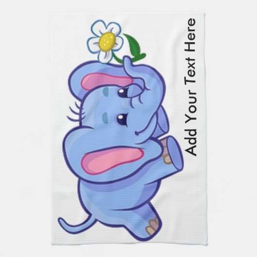 花が咲くジャングル動物の子どもがいる、かわいい象 キッチンタオル (縦)