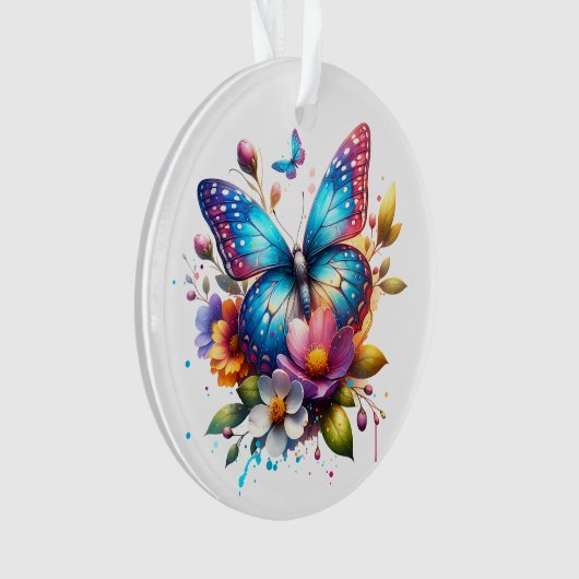花が咲くピンクと青の蝶パーソナライズされた オーナメント (正面)