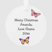 花が咲くピンクと青の蝶パーソナライズされた オーナメント (裏面)