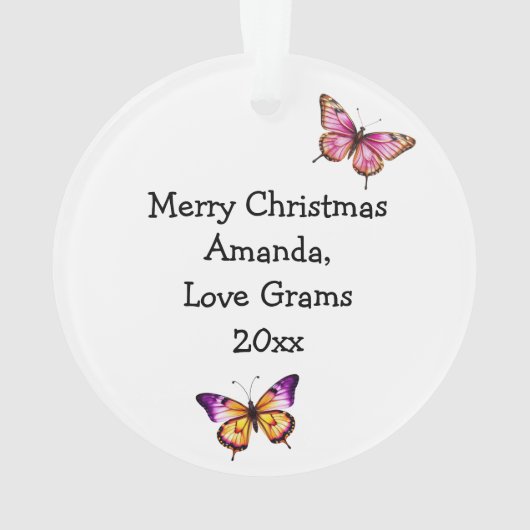 花が咲くピンクと青の蝶パーソナライズされた オーナメント (裏面)