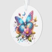 花が咲くピンクと青の蝶パーソナライズされた オーナメント (正面)