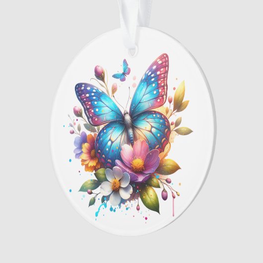 花が咲くピンクと青の蝶パーソナライズされた オーナメント (正面)