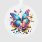花が咲くピンクと青の蝶パーソナライズされた オーナメント (正面)
